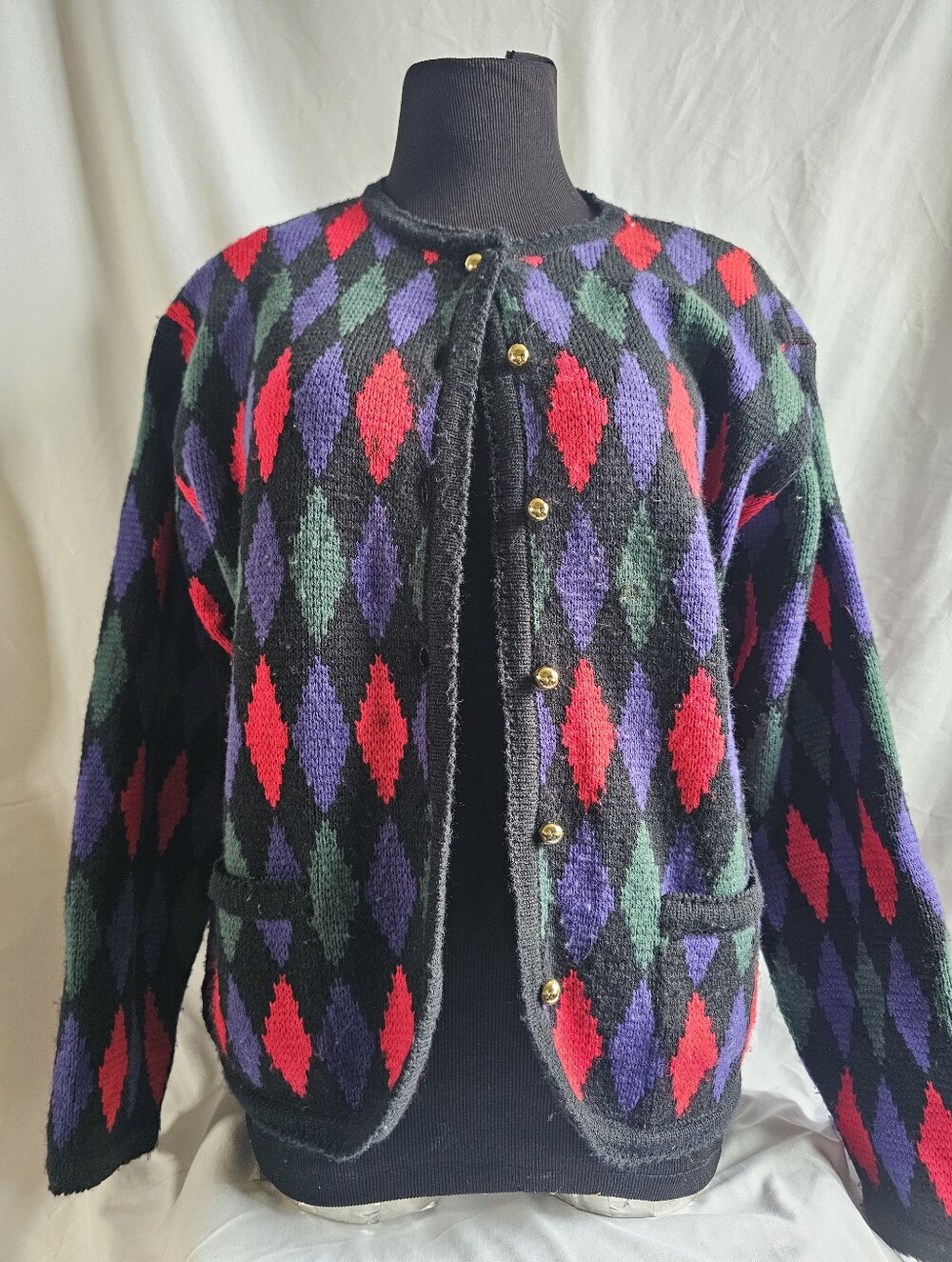 Source Unknown Black Argyle Knit Blazer with Red, Purple & Green Diamonds